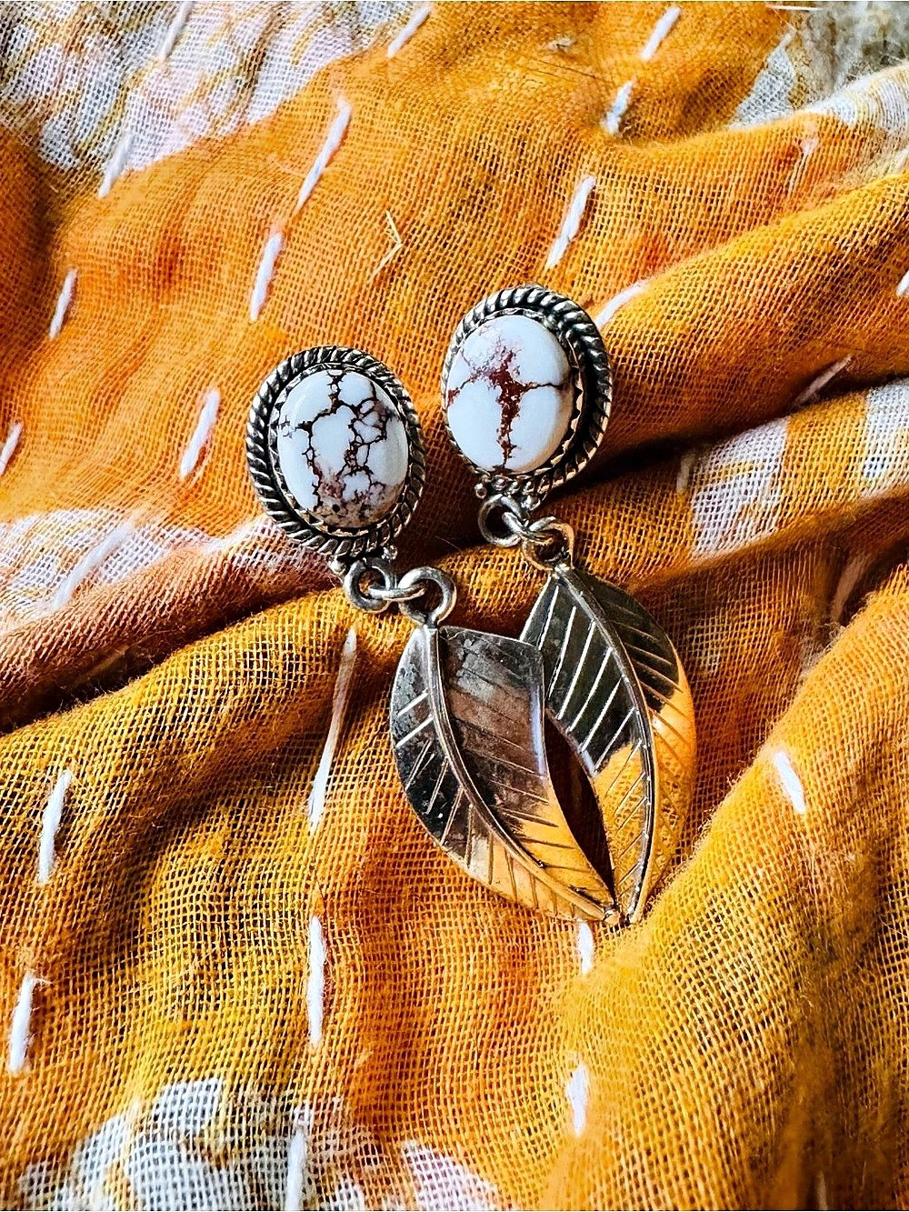 925 Silver Native Golden Hills Turquoise Feather Earrings